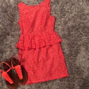 Sleeveless Coral Lace Peplum Dress